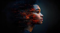 Young woman profile with digital particle dispersion effect against dark background, representing artificial intelligence and technological transformation.