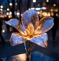 Glowing crystal flower with illuminated petals against dark background, magical blue and gold light effect creates ethereal atmosphere. For fantasy decoration.