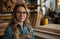 Young female carpenter in glasses and plaid shirt smiling in workshop. Blonde craftswoman wearing apron stands near wooden materials in carpentry studio with natural lighting.