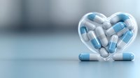 Medical capsules and pills arranged in heart shape container on light background, healthcare and pharmaceutical concept for wellness and treatment.