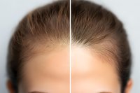 Close-up view of female forehead showing hair loss treatment comparison with dividing line, demonstrating before and after results for medical and cosmetic use.