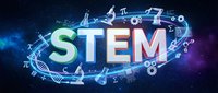 STEM education concept with colorful letters surrounded by science symbols, mathematical formulas and DNA strands on cosmic background for learning materials.