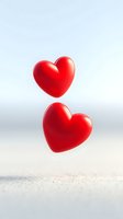 Red heart shapes floating against light background, romantic minimal composition for Valentine's Day cards and love-themed designs.