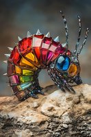 Colorful crystal caterpillar sculpture featuring rainbow-hued segments with metallic spikes and glass elements, positioned on natural stone surface in artistic macro view.