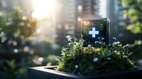 Medical cross glowing on digital device surrounded by fresh green moss and tiny white flowers in urban environment with sunlight and bokeh effect.