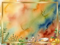 Watercolor abstract background with warm and cool tones, featuring botanical elements and kitchen utensils. Suitable for recipe blogs, cooking websites, food packaging, and culinary design projects.