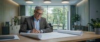 Senior male professional with gray hair and glasses, wearing brown blazer and blue shirt, signing documents at wooden desk in modern office with large windows and plants.