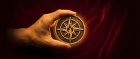 Hand holding glowing compass rose symbol with protective gesture against dark red background for navigation and guidance concepts.