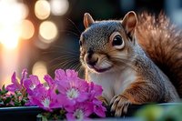 Curious squirrel near vibrant pink flowers in garden setting with soft bokeh background lights creating magical nature atmosphere at golden hour sunset.