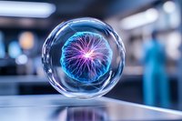 Glowing blue and pink energy sphere enclosed in transparent glass orb floating above reflective surface with blurred laboratory background.