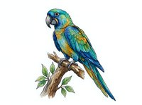 Colorful macaw parrot perched on wooden branch with green leaves, isolated on white background. Suitable for wildlife illustrations, nature designs, educational materials, and decorative artwork.