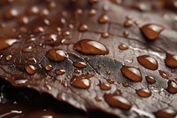 Water drops on dark chocolate surface creating glossy texture, macro photography with selective focus shows melting cocoa butter and tempered chocolate detail.