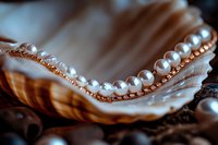 Elegant white pearls nestled in natural seashell with rose gold accents, creating luxurious jewelry composition against dark background. Perfect for luxury design.