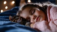 Young woman in pink sweater sleeping peacefully with tabby cat on blue blanket, soft bokeh lights in background creating cozy bedroom atmosphere at night.