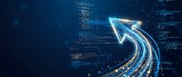 Digital arrow made of glowing particles and data streams pointing upward on dark blue technology background with code elements for business growth concepts.