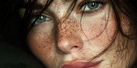 Young woman with freckles and green eyes looking at camera with tousled brown hair and natural makeup for beauty and skincare concepts.