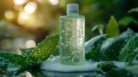 Clear bottle with sparkling liquid among wet green leaves in morning sunlight with bokeh effect, fresh natural skincare concept for spa and wellness products.