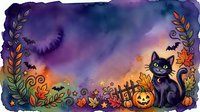 Silhouette of black cat sitting among autumn flowers, pumpkins, and bats with watercolor purple, orange, and golden gradient sky background, isolated on white for Halloween designs and seasonal projects.