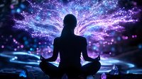 Silhouette of person meditating against cosmic purple and blue energy field with glowing particles creating spiritual atmosphere.