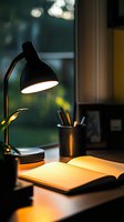 Desk lamp illuminating open notebook with pencil holder on workspace at evening, suitable for education, study, and office design projects.