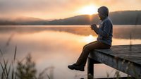 Man sitting on wooden dock holding camera at sunrise by calm lake with misty mountains, capturing nature photography during golden hour.