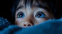 Close up portrait of Asian child's eyes peering over blue blanket in dark room, creating mysterious and dreamy atmosphere with dramatic lighting highlighting bright blue eyes.