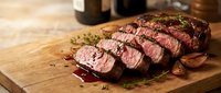 Grilled beef steak sliced on wooden cutting board with herbs and sauce. Perfect for restaurant menus, cooking blogs, and culinary advertisements.