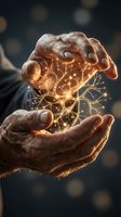 Elderly hands protecting glowing neural network connections representing knowledge transfer, wisdom sharing, and intergenerational learning concepts.