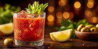 Classic bloody mary cocktail with celery garnish and lime wedge on rustic wooden bar counter with warm bokeh lights creating festive atmosphere.