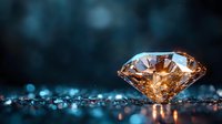 Brilliant champagne-colored diamond on dark reflective surface with bokeh background, sparkling with luxury and elegance. Macro photography captures light refraction.