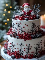 Festive Christmas cake decorated with Santa figurine, cranberries, blackberries and winter branch patterns on white frosting for holiday celebration dessert.