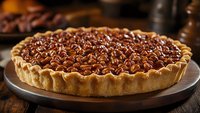 Homemade pecan pie with golden brown crust filled with glazed nuts on wooden serving board, rich caramelized filling and flaky pastry for holiday baking.