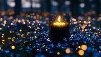 Glowing candle surrounded by magical blue bokeh lights and sparkles on dark background creates mystical atmospheric mood for spiritual designs.