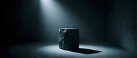 Mysterious black cube object illuminated by dramatic spotlight in dark empty room creating atmospheric shadows and moody lighting for conceptual design.