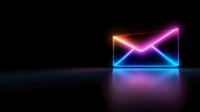 Glowing neon mail envelope icon with pink and blue gradient light effect on dark background with reflection on glossy surface, modern digital concept.