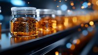 Glass jar with golden liquid and bubbles on dark surface against blurred bokeh lights background, creating luxurious atmosphere for beverage or spirit photography.