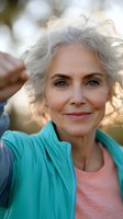 Confident mature woman with silver curly hair wearing turquoise athletic jacket and coral top smiles warmly at camera during outdoor activity in soft natural lighting.