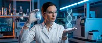 Female scientist examining DNA helix model in modern laboratory with glowing blue lighting and advanced equipment for genetic research and biotechnology studies.