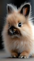 Fluffy cream and brown rabbit with dark ears and nose looking directly at camera against neutral gray background.