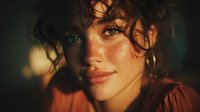Young woman with curly hair and freckles in warm golden light portrait with soft bokeh background for lifestyle and beauty content.