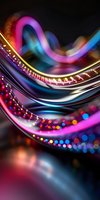 Vibrant neon waves with glowing bokeh lights create dynamic flowing curves against dark background, featuring pink, blue and golden illuminated streaks and dots.