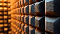 Acoustic foam panels in warm lighting create geometric pattern with dramatic shadows and depth, professional studio soundproofing background for audio recording space.