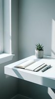 Minimalist workspace with open notebook, pens, and succulent plant on white desk by window with natural light and shadows.