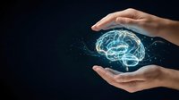 Human hands protecting glowing digital brain with neural network connections on dark background representing AI technology and mental health care.