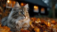 Adorable fluffy tabby kitten with striking amber eyes sitting among colorful autumn leaves with warm bokeh lights creating cozy seasonal atmosphere.