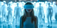 Young Caucasian woman wearing virtual reality headset against glowing blue crowd of digital people, representing metaverse social connection and future technology.