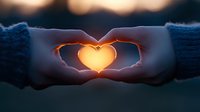 Hands forming heart shape against sunset sky, glowing warm light shining through fingers creating romantic silhouette. Concept of love, hope and togetherness.