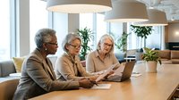 Mature professionals of diverse backgrounds collaborate at wooden conference table with laptop in modern office space with plants and pendant lighting.
