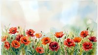 Watercolor red poppies field blooming in spring meadow with soft pastel sky background for botanical art and nature decoration projects.