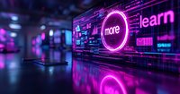 Futuristic digital interface with glowing neon pink circle and text elements reflected on glossy surface, creating modern technological atmosphere in dark space.